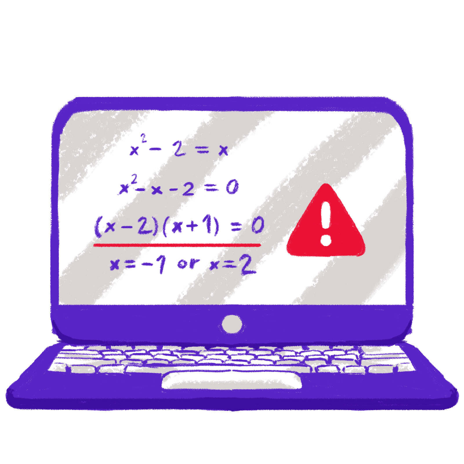 A correction is displayed on the computer screen. for the handwritten algebra problem. The second step is highlighted as it is x minus x minus 2 equals 0 (whereas there should be an x squared first).