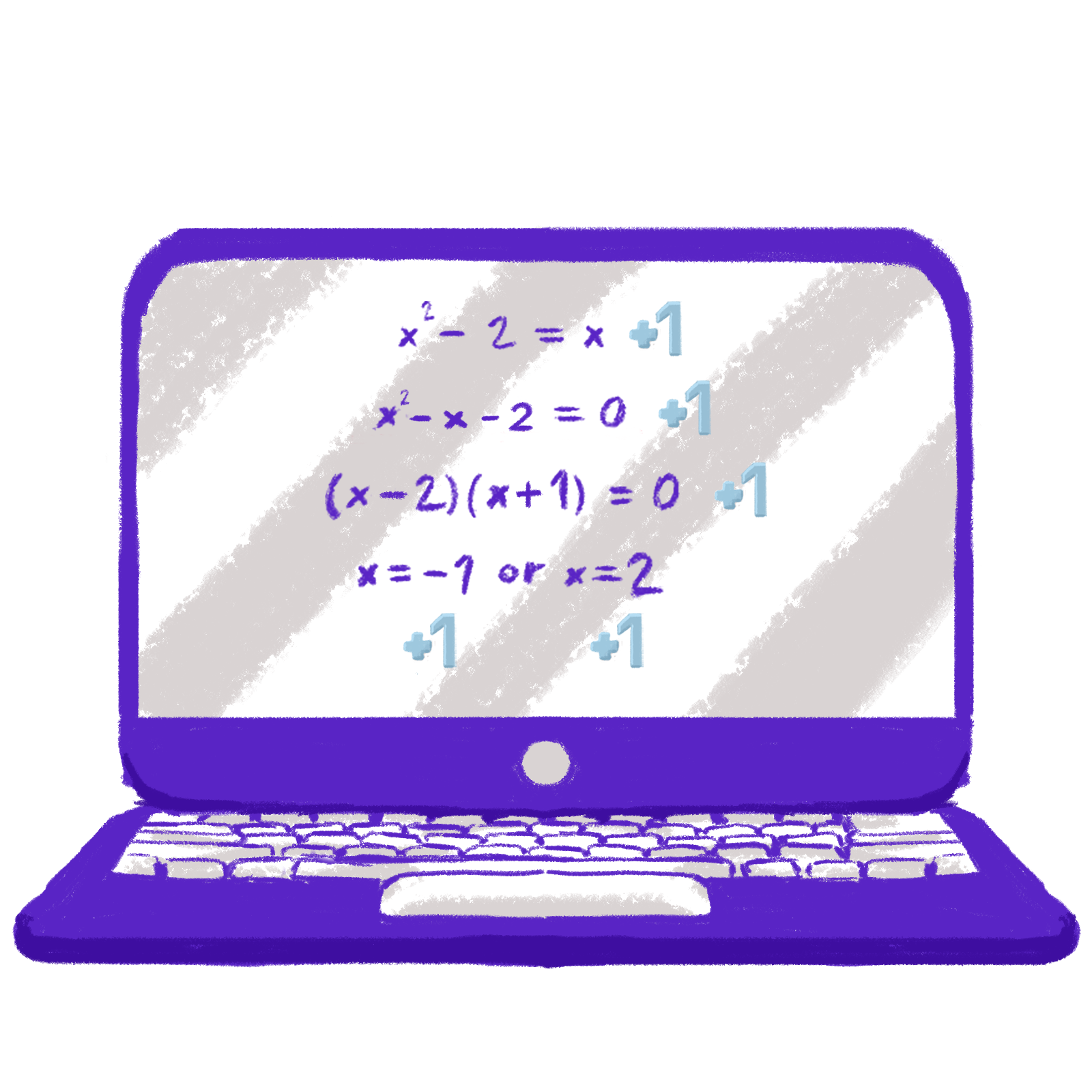 A correction is displayed on the computer screen. for the handwritten algebra problem. The second step is highlighted as it is x minus x minus 2 equals 0 (whereas there should be an x squared first).